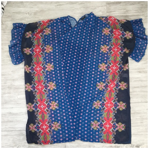 Blue Geometric Print Chiffon Kimono Beach Coverup - Picture 4 of 8